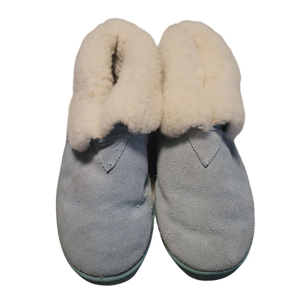 RJ's Fuzzies Womens Blue Suede Sheepskin Lined Bootie Slippers 8 Leather Sherpa